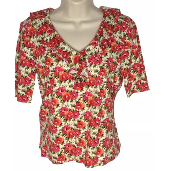 JONES NEW YORK Sport Women's Floral Cotton Blouse 3/4 Sleeve Ruffle Sz Small - Picture 1 of 9